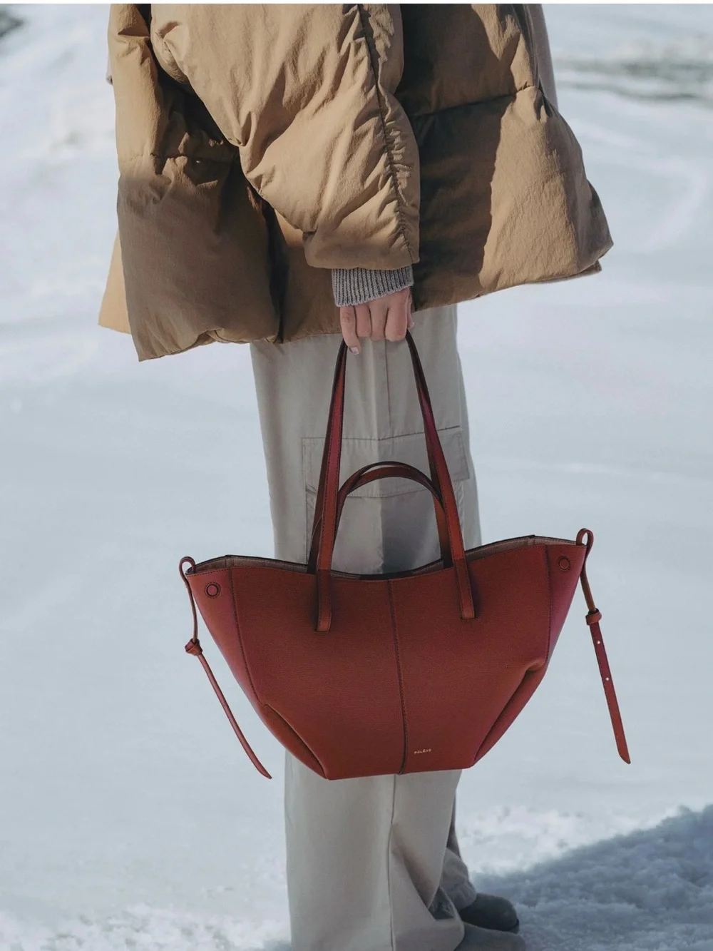 Polene Cyme Mini Red Clay Leather Tote Bag